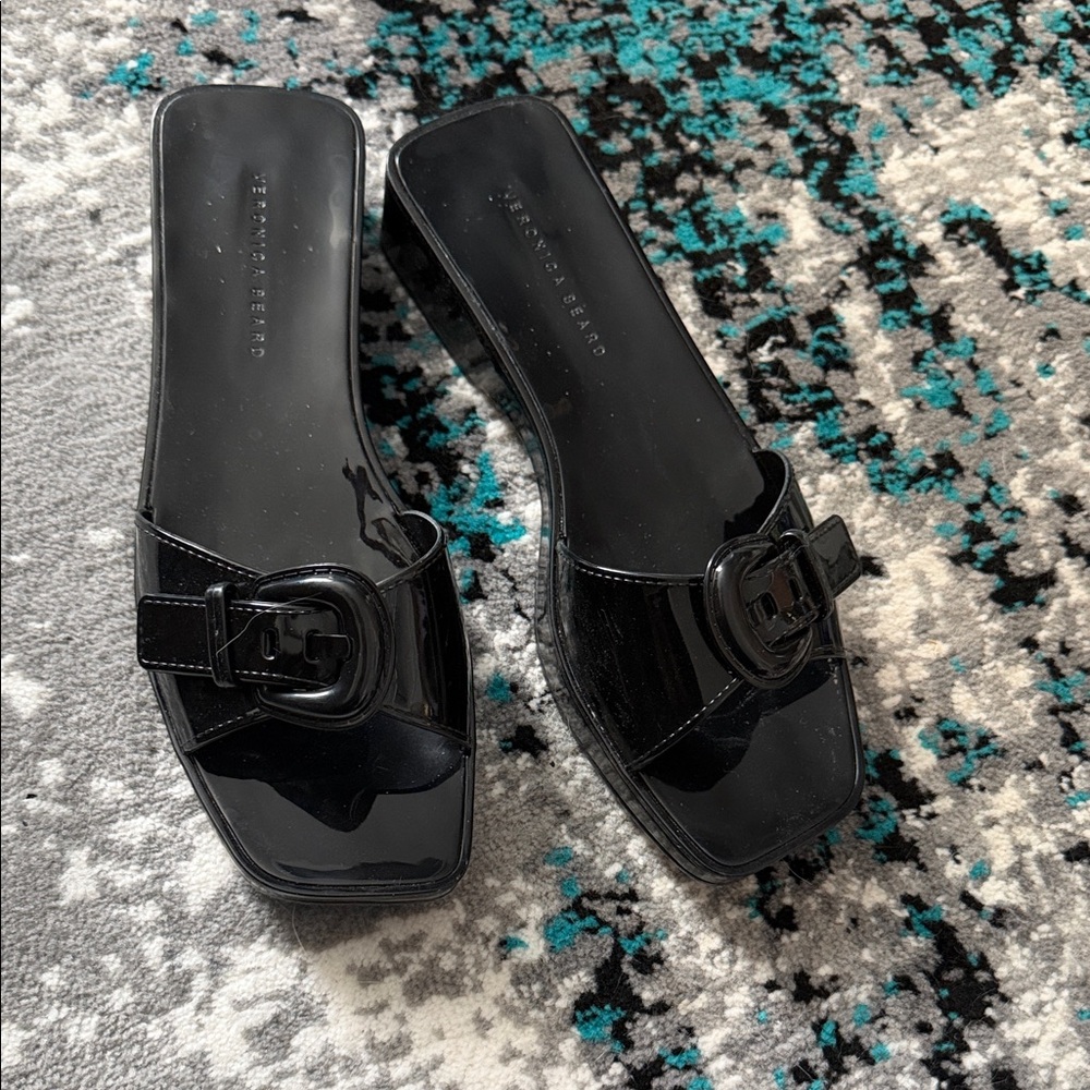 Veronica Beard Black Patent Buckle Slide Mules